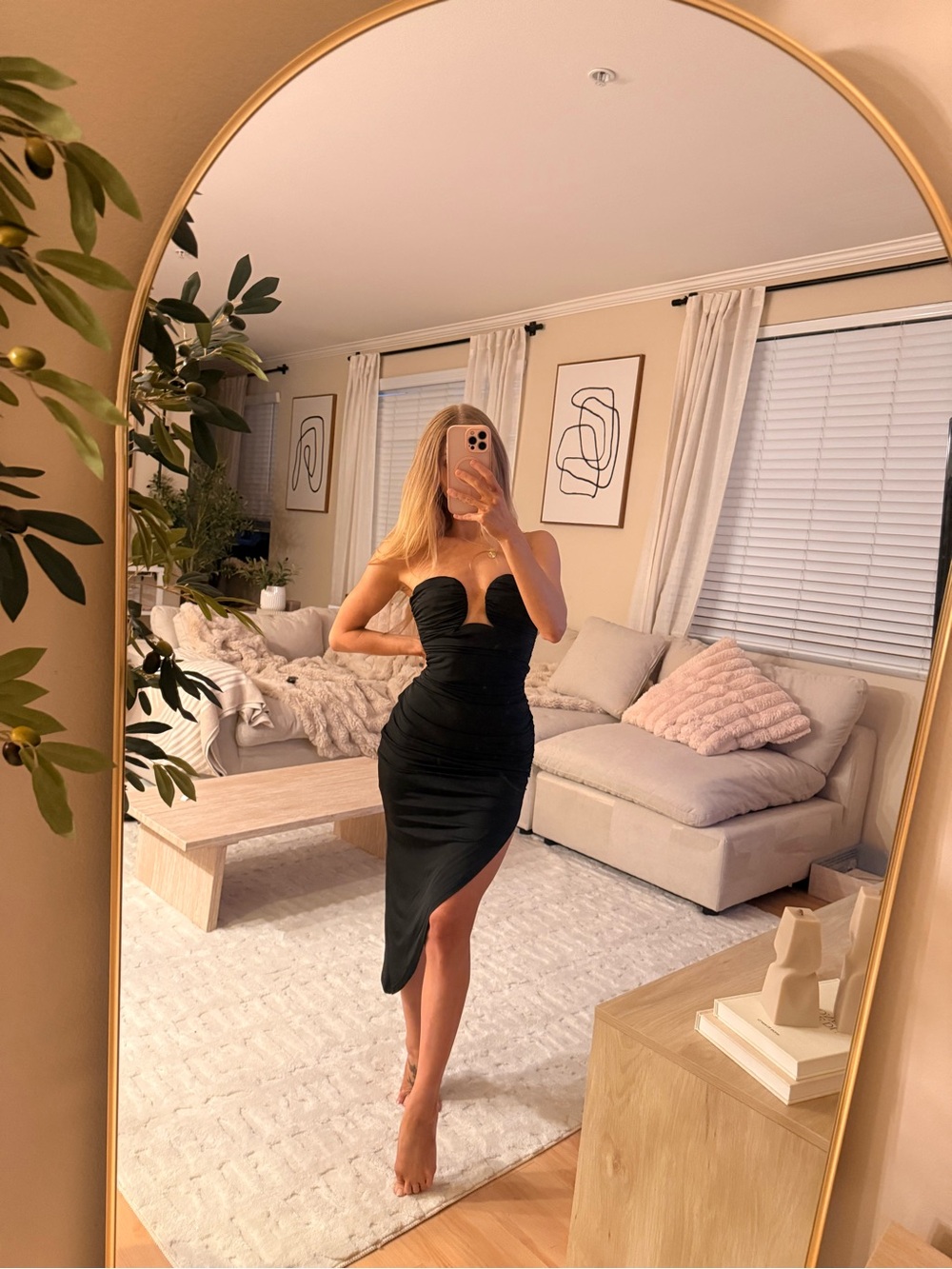 Hello Molly Black Strapless Ruched Midi Dress with Side Slit